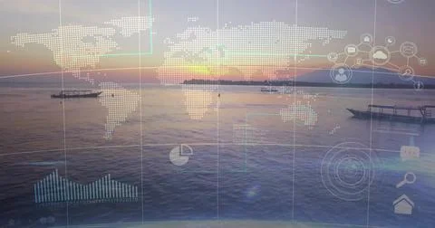 Sun sinking activating HUD overlay, charts rising, radar sweeping, boats Stock Illustration