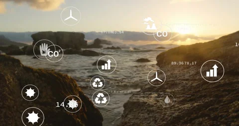 Sun sinking toward horizon causing graphic icons fading over rocky inlet Video stock 314173139