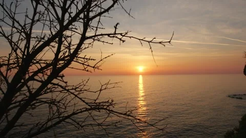 Sun sits low over the Adriatic Sea off Montenegro, branches silhouette and a Stock Footage 329412022