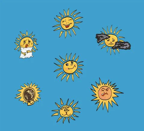 Sun Smileys In Different Moods - Vector Art Stock Illustration
