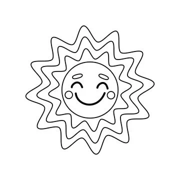 Sun. Smiling sun. Coloring page. Black and white cute cartoon sun. Vector Stock Illustration