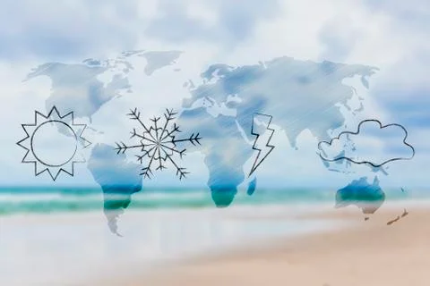 Sun snow bolt and cloud icons over world map overlay and blurred beach Stock Illustration
