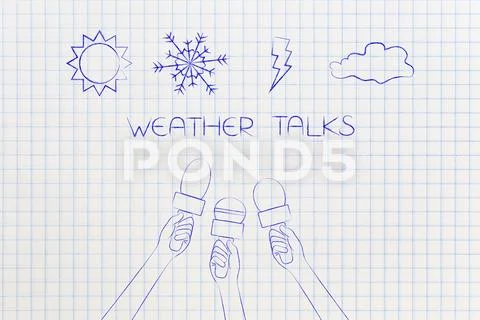 Sun snow bolt and cloud icons with news microphone, weather talks Stock Illustration