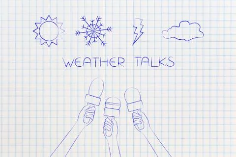 Sun snow bolt and cloud icons with news microphone, weather talks Stock Illustration