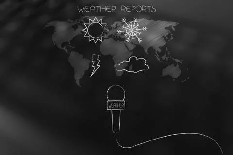Sun snow bolt and cloud icons over world map overlay with news microphone Ilustração Stock