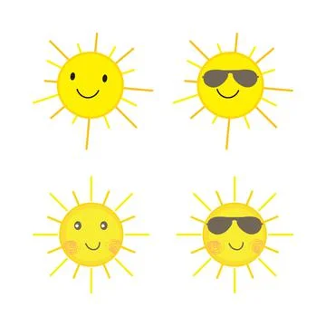 Sun sticker with a round shape and hot yellow color. Cute sun with smiling fa Stock Illustration