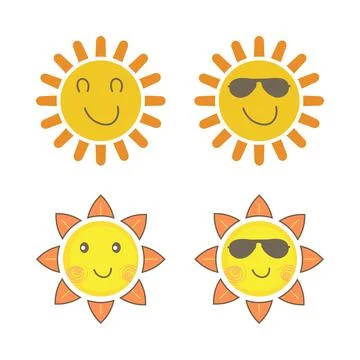 Sun sticker with a round shape and yellow color. Cute sun with smiling face a Illustrazione stock