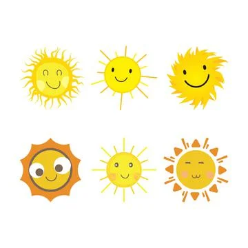 Sun sticker with a round shape and yellow and red color. Cute sun with smilin Stock Illustration