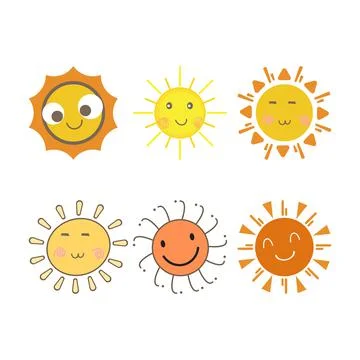 Sun sticker with a round shape and yellow and red color. Cute sun with smilin Stock Illustration