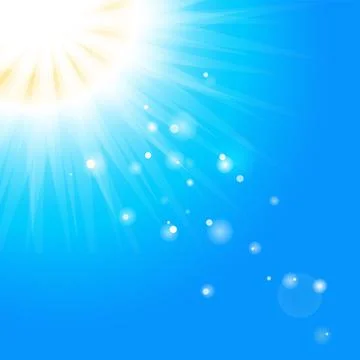 Sun with sun rays and bokeh blurs on blue background. Beautiful sunny banner Stock Illustration