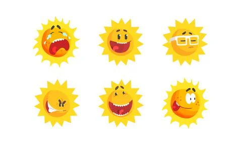 Sun with Sunbeams Having Smiling and Crying Face Vector Set Illustrazione stock