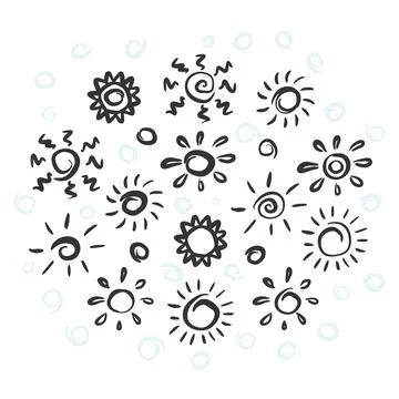 Sun with sunburst hand drawn set in doodle sketch style. collection of suns d Stock Illustration