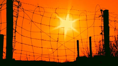 Sun at sunset behind barbed wire Stock Footage 30426914