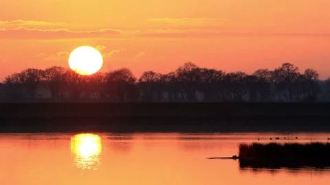 Sun sunset reflected in the water, nature reserve lake for birds Stock Footage 173639401