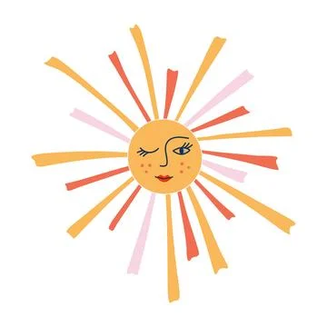 Sun symbol with face and rays. Colorful retro style print. Illustrazione stock