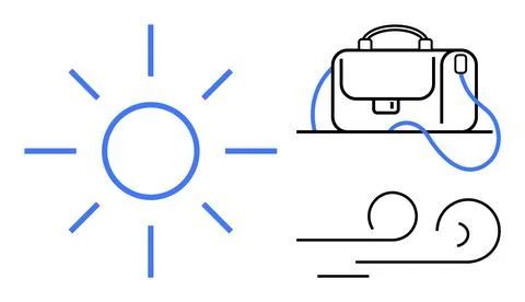 Sun symbol with rays, briefcase with handle and strap, and wind lines illustr Stock Illustration