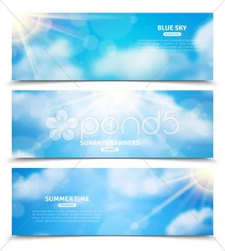 Sun through clouds sky banners set Stock Illustration