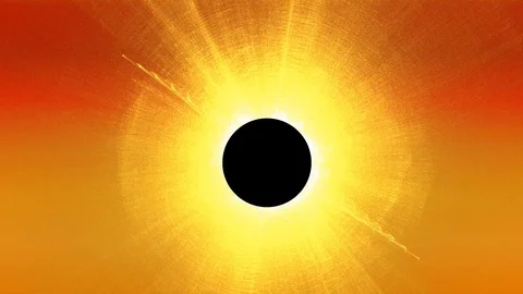 Sun, total solar eclipse computer animation, glowing sun rays about black circle Video stock 127899563