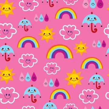 Sun umbrellas raindrops clouds rainbows characters weather pink sky seamless 스톡 일러스트