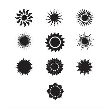 Sun vector burst icon set sol sunshine black color on white background. Ilustración de archivo