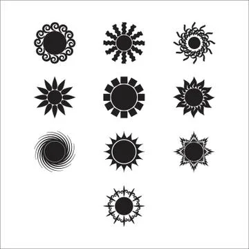 Sun vector burst icon set sol sunshine black color on white background. Ilustración de archivo