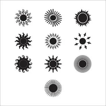Sun vector burst icon set sol sunshine black color on white background. Ilustración de archivo