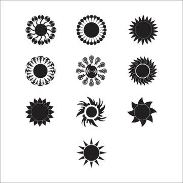 Sun vector burst icon set sol sunshine black color on white background. Ilustración de archivo