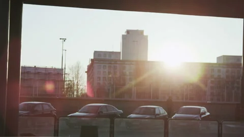 Sun Visible Through the Pane. Tram Moving to the Right Stock Footage 113409802