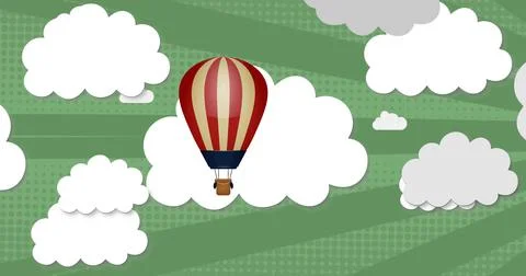 Sun warming air, red-and-cream hot air balloon rising over layered white clouds Illustrazione stock
