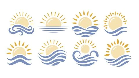 Sun Wave Icon Vector set, Logo Pictogram Light Summer Sea Ocean Beach Vacation Stock Illustration