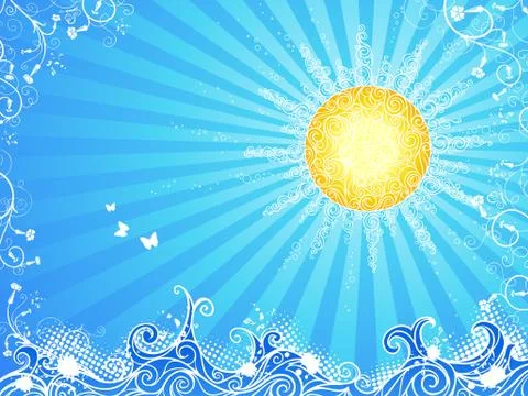 Sun, waves and flowers. Stock Illustration