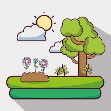 Sun weather with clouds and tree nature Stock Illustration