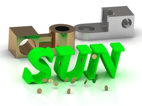 SUN- words of color letters and silver details and bronze details on white ba Stock Illustration
