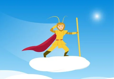 Sun Wukong, Monkey King on Cloud traveling to sky Stock Illustration