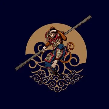 Sun Wukong the Monkey King rides flying nimbus Stock Illustration
