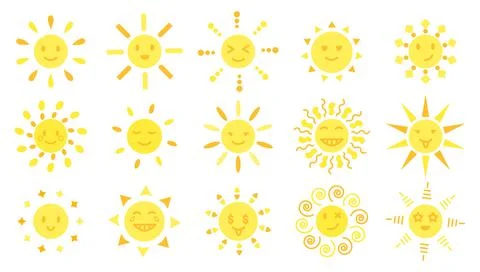 Sun yellow cartoon flat vector kind and cute faces Stock Illustration