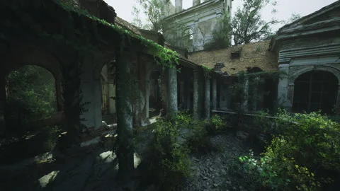 Sunbathed ancient columns surround vibrant overgrown archaeological site Stock Footage 341589488
