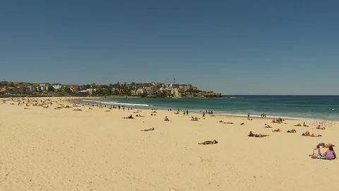 Sunbathers on a beach in Sydney, Australia Stock Footage 76002373
