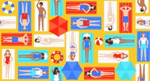 Sunbathing, different people on beach mat vector Stockillustratie