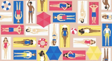 Sunbathing, different people on beach mat vector Stockillustratie