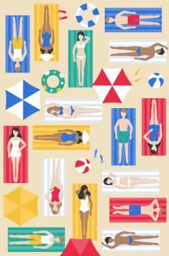 Sunbathing, different people on beach mat vector Illustrazione stock