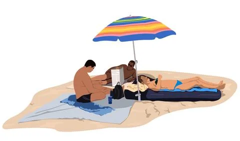 Sunbathing People on the Sandy Beach Stock Illustration