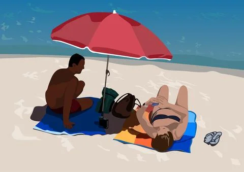 Sunbathing People on the Sandy Beach Stock Illustration