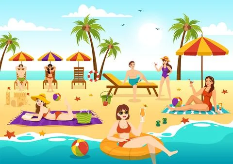Sunbathing Vector Illustration of People Lying on Chaise Lounge and Relaxin.. Stock Illustration