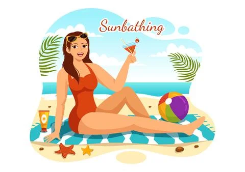 Sunbathing Vector Illustration of People Lying on Chaise Lounge and Relaxin.. Stock Illustration