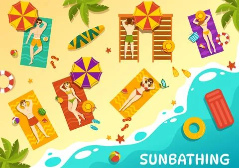 Sunbathing Vector Illustration of People Lying on Chaise Lounge and Relaxin.. Stock Illustration