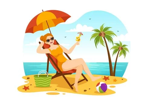 Sunbathing Vector Illustration of People Lying on Chaise Lounge and Relaxin.. Stock Illustration