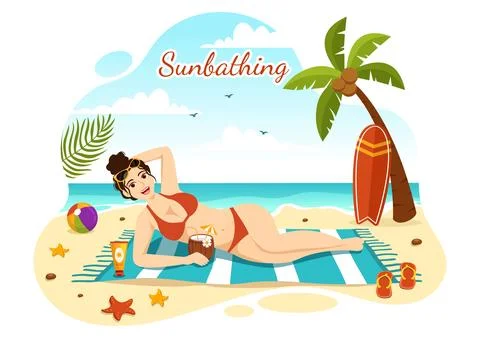 Sunbathing Vector Illustration of People Lying on Chaise Lounge and Relaxin.. Stock Illustration