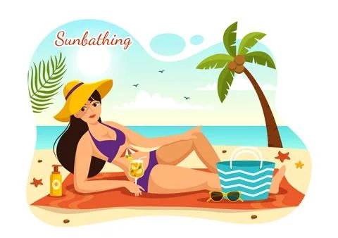 Sunbathing Vector Illustration of People Lying on Chaise Lounge and Relaxin.. Stock Illustration