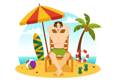 Sunbathing Vector Illustration of People Lying on Chaise Lounge and Relaxin.. Stock Illustration